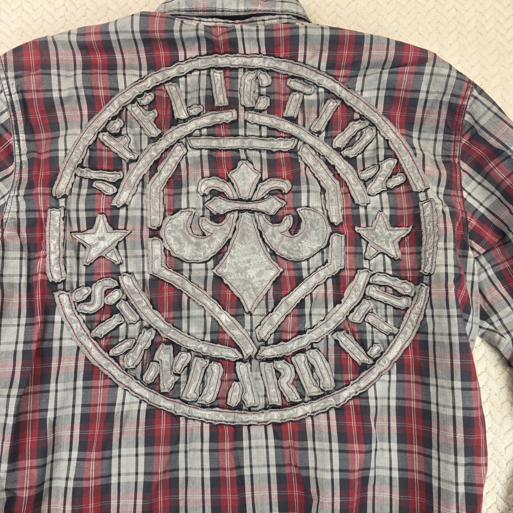 Affliction Black Premium Mens XL Plaid Button Down Shirt Back Embroidery Red - Picture 2 of 9